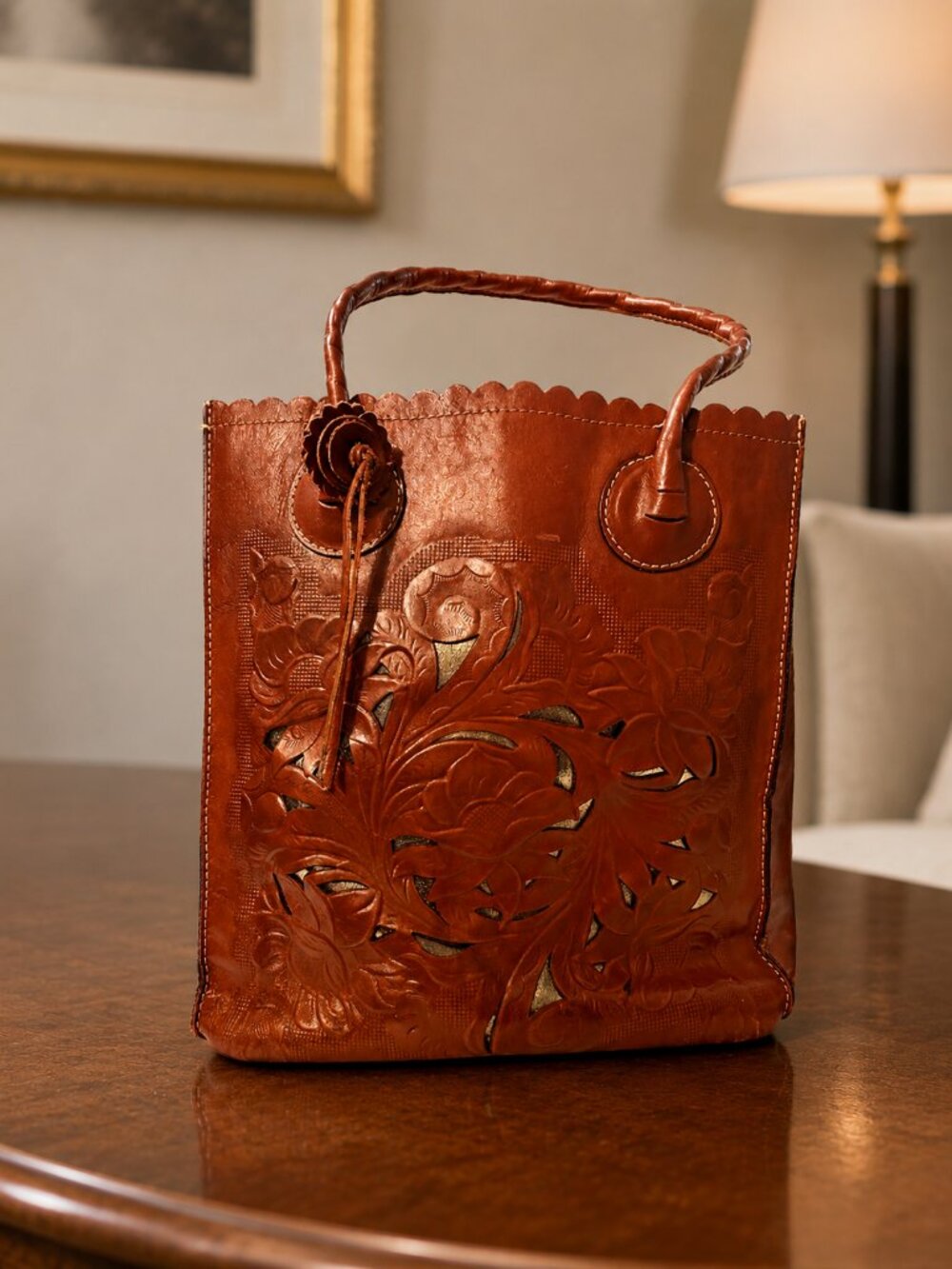 Patricia Nash Tooled Leather Tote Brown Floral Cutout Structured Top Handle Boho